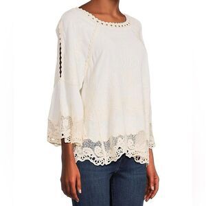 Light Cream Crochet-Trim Bell Sleeve Tunic